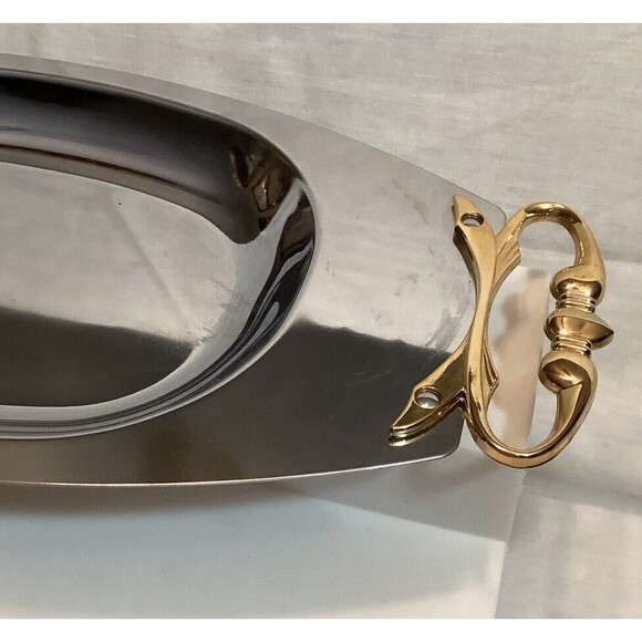 Kromex MCM Silver Serving Bar Tray Dish Platter Gold Metal Handles Mid Century - Picture 6 of 11